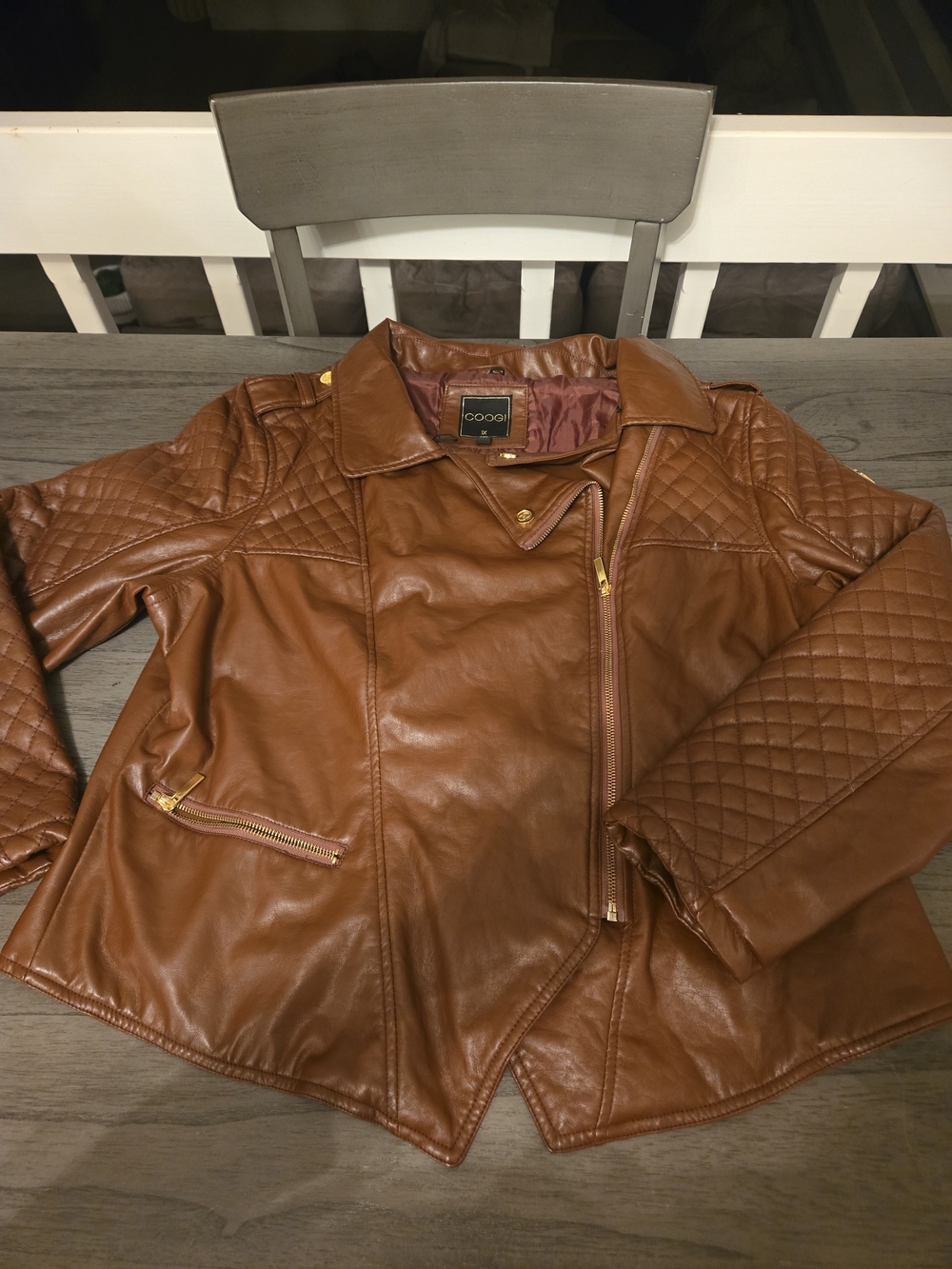 COOGI Women's Quilted Faux Leather Moto Jacket - Tan Y2k